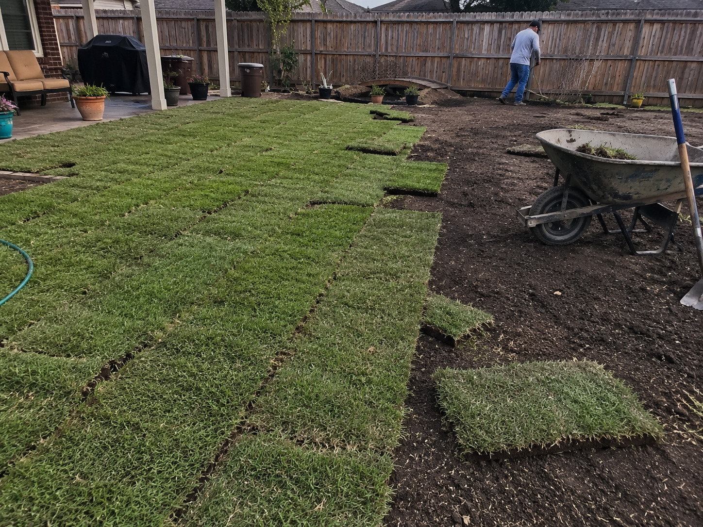 Backyard sod installation on prepared soil